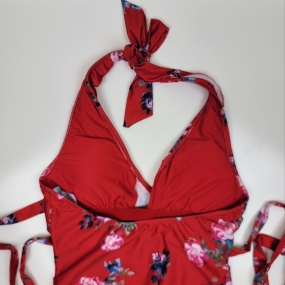 Modcloth Reese Red Floral Halter Ruffle One Piece Swimsuit S - Picture 6 of 9
